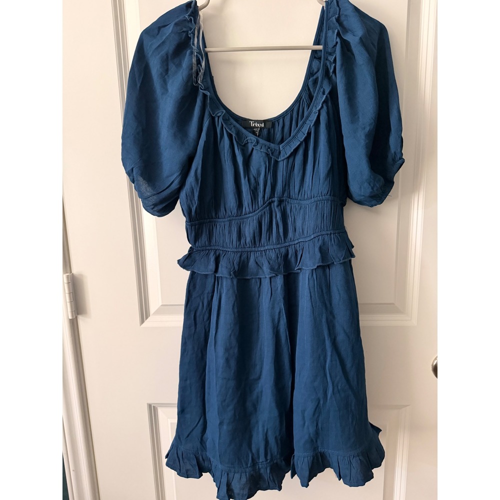 Trixxi Womens Teal Blue Puff Sleeve Ruffle Smocked Mini Dress Size M NWT